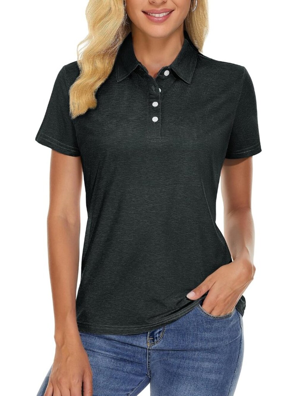 Women's Black Short Sleeve Golf Shirts 4-Button Quick Dry Collared Top forGym
